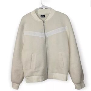 Zyia Active Flying V Bomber Jacket Fleece Sherpa Teddy Full Zip White Medium